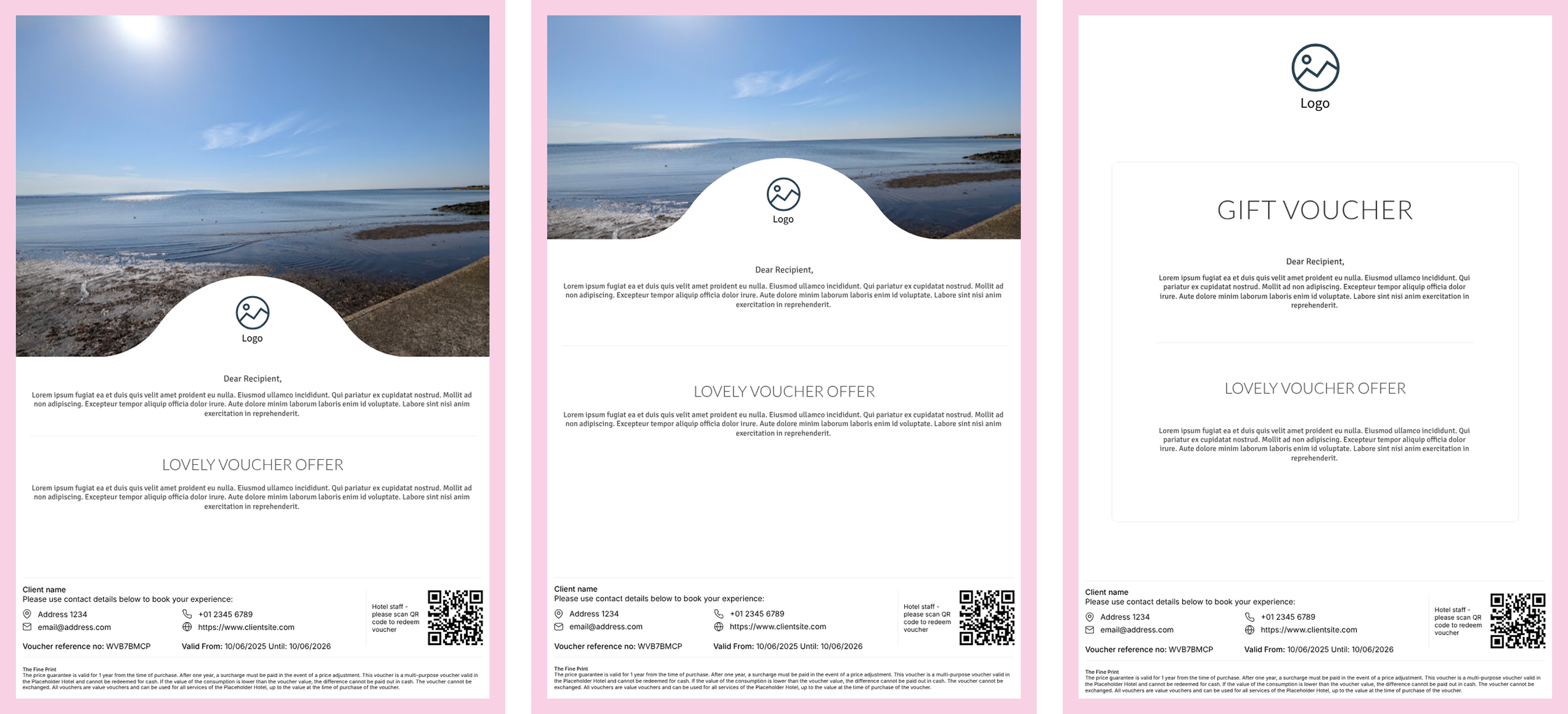 Three finished mockups of printable gift vouchers. One has a half page in=mage, one has a third page image and one is without image